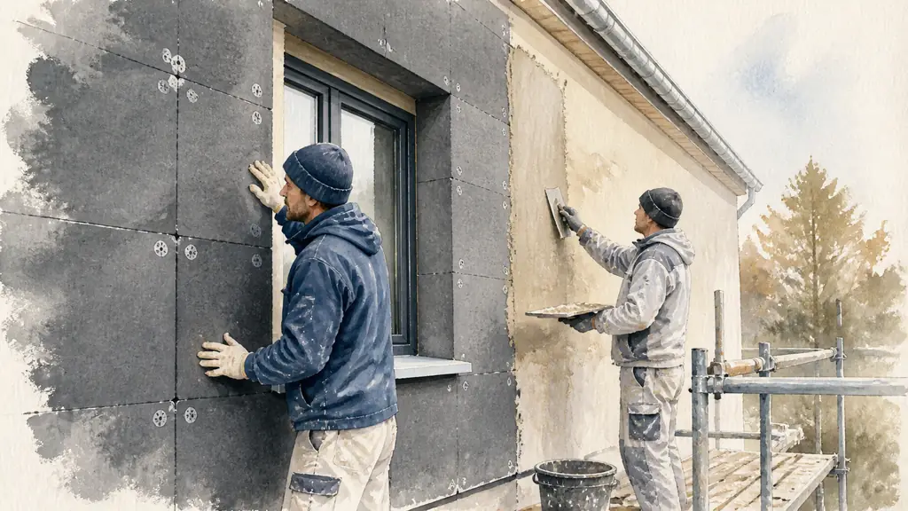 Editorial photograph of a facade installer checking a window junction beside newly fitted graphite insulation panels while another worker applies a thin organic render finish, no text, no logo