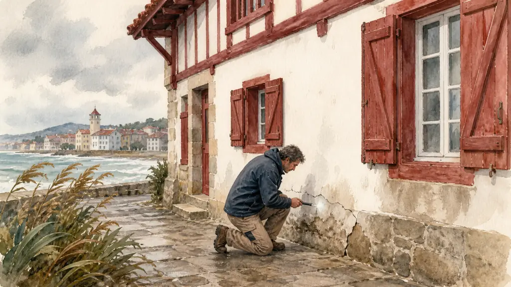Building technician inspecting cracks and a damp rendered foundation on a traditional Basque facade in Saint-Jean-de-Luz during windy coastal weather, no text, no logo