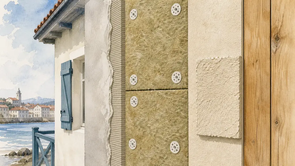 Close-up of rock wool insulation panels being mechanically fixed beside a mineral render sample and natural wood cladding on a coastal house facade in Saint-Jean-de-Luz, no text, no logo