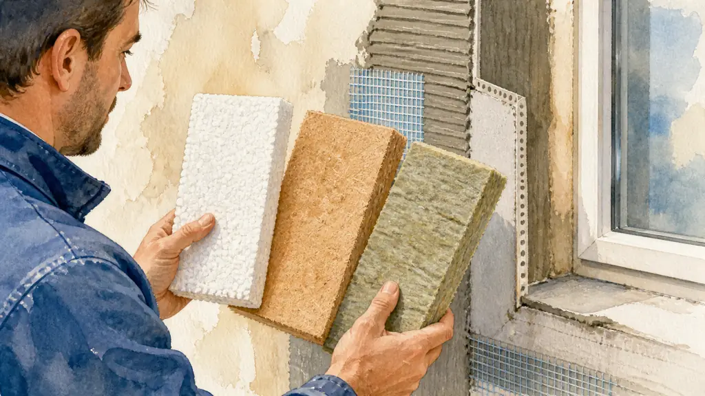 Close-up editorial photograph of a facade specialist comparing polystyrene, wood-fiber and rock-wool insulation samples beside a window reveal prepared for exterior insulation, no text, no logo