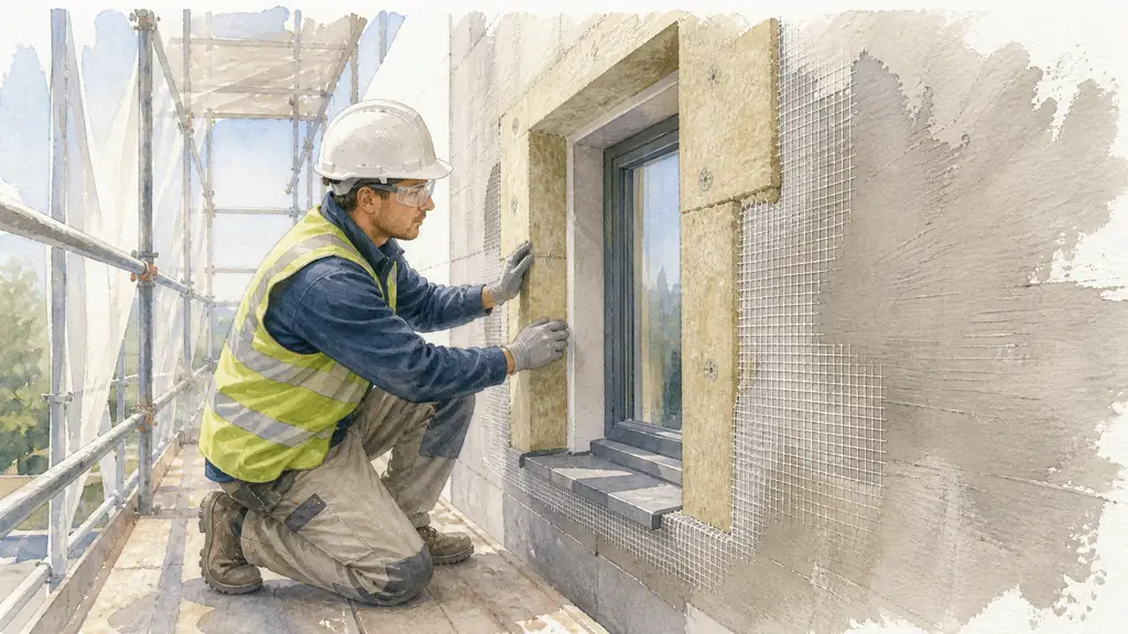 Editorial photograph of a facade worker inspecting insulation alignment around a window reveal, with protective mesh embedded in fresh undercoat and covered scaffolding nearby, no text, no logo