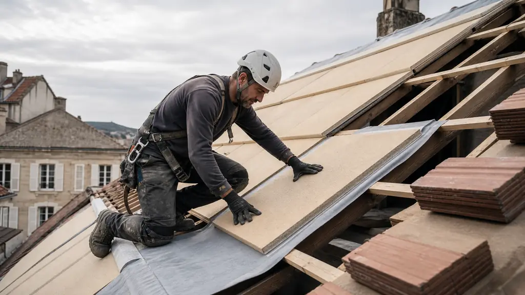 Editorial photograph of a roofer installing rigid sarking insulation panels above exposed wooden rafters, with roof tiles removed and a vapor barrier visible, no text, no logo