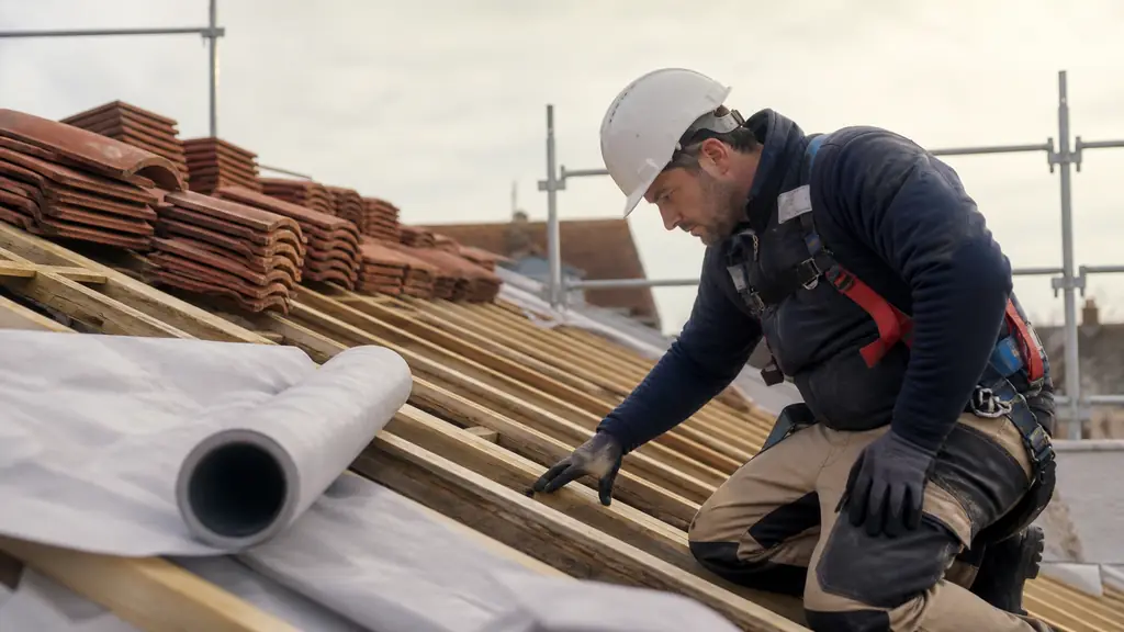Editorial photograph of a roofer inspecting exposed wooden chevrons beside removed roof tiles, with a vapor barrier roll and scaffolding visible, no text, no logo