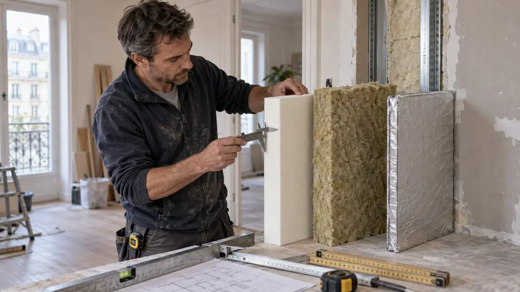 Renovation professional comparing a rigid foam board, mineral wool panel and vacuum insulation panel against an interior wall, with visible joints and precise measuring tools, no text or logo