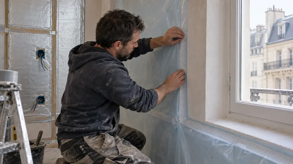 Renovation worker sealing an airtight membrane beside a window reveal, with relocated electrical sockets and protected vacuum insulation panels visible, no text or logo