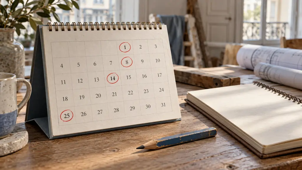 Close-up editorial photograph of a French 2026 desk calendar opened to May, with the 1st, 8th, 14th and 25th marked by small red circles beside a renovation planning notebook and carpenter's pencil, no visible text or logo