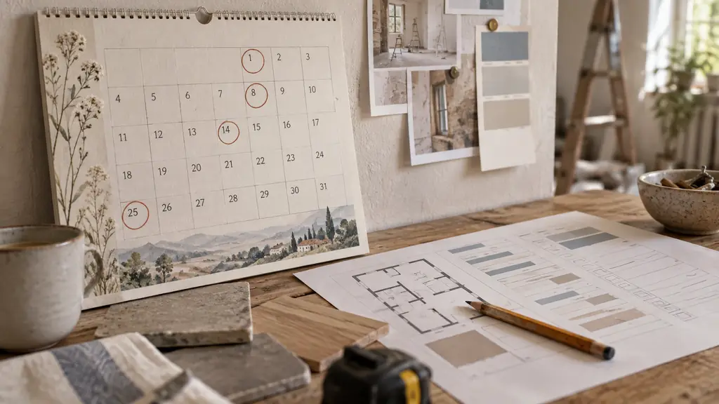 Editorial photograph of a French 2026 wall calendar showing May with the 1st, 8th, 14th and 25th circled, beside a renovation schedule and carpenter's pencil, no visible text or logo