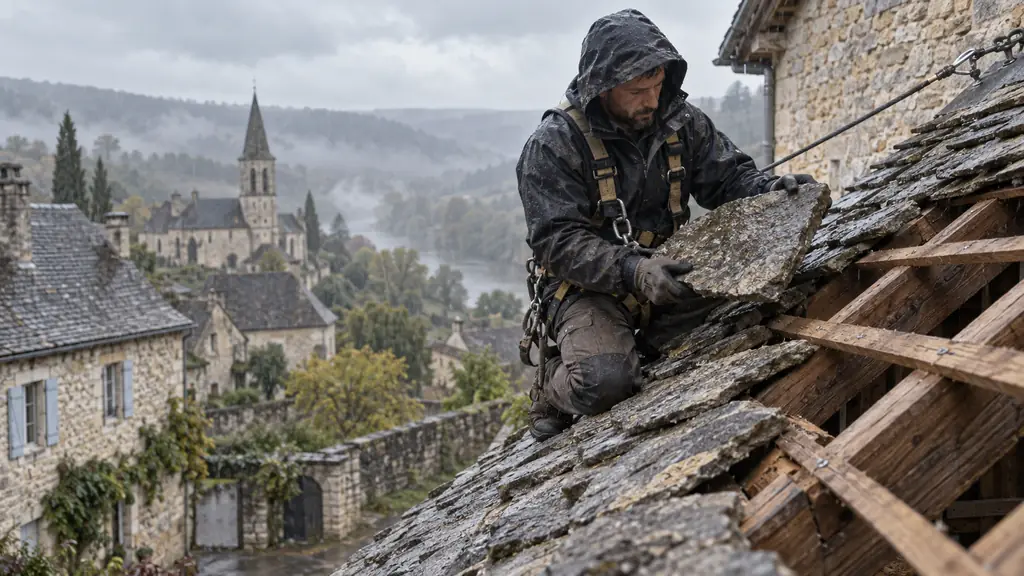 Editorial photograph of a roofer examining a traditional stone roofing slab beside an exposed timber roof frame, on a steeply pitched house roof in rainy weather, no text, no logo