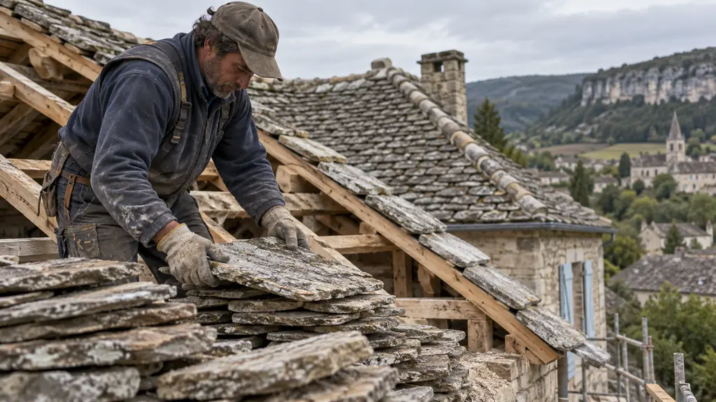 Editorial photograph of a regional roofer sorting reusable stone roofing slabs beside an exposed timber support, with newly fitted edge stones and a finished ridge visible, no text, no logo