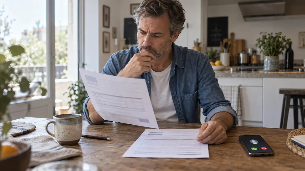 homeowner at a kitchen table comparing a contractor quote, company identity details and an invoice, with a smartphone showing an incoming tradesperson call, editorial photography, no visible text or logo