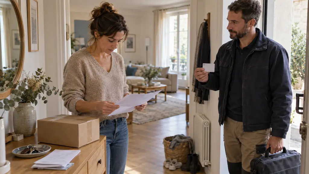 homeowner checking a contractor SIREN number and insurance certificate beside a boxed replacement part, with the arriving tradesperson showing identification, editorial photography, no visible text or logo