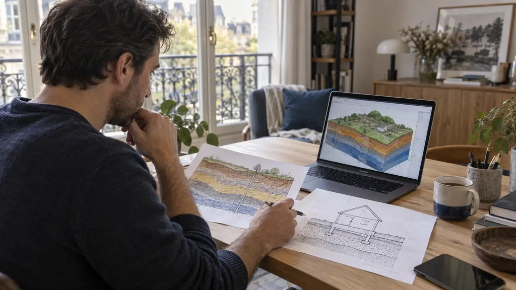 Editorial photograph of a homeowner comparing a printed soil-layer cross-section and foundation sketch beside a laptop displaying a colored geotechnical model, no readable text, no logo