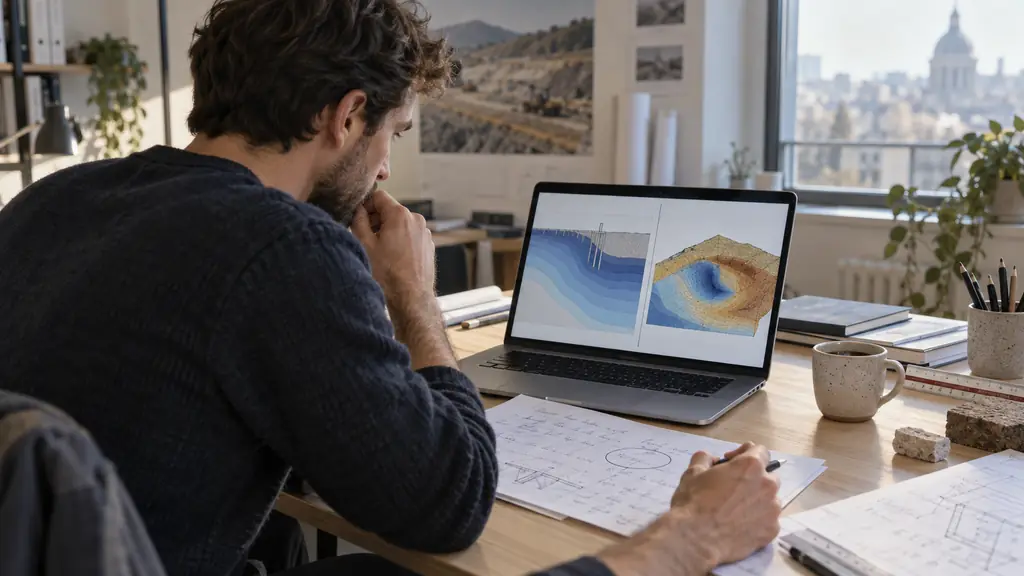 Editorial photograph of a person checking pressure units on a handwritten data sheet beside a laptop showing two colored soil-model results, with a single parameter circled, no readable text, no logo