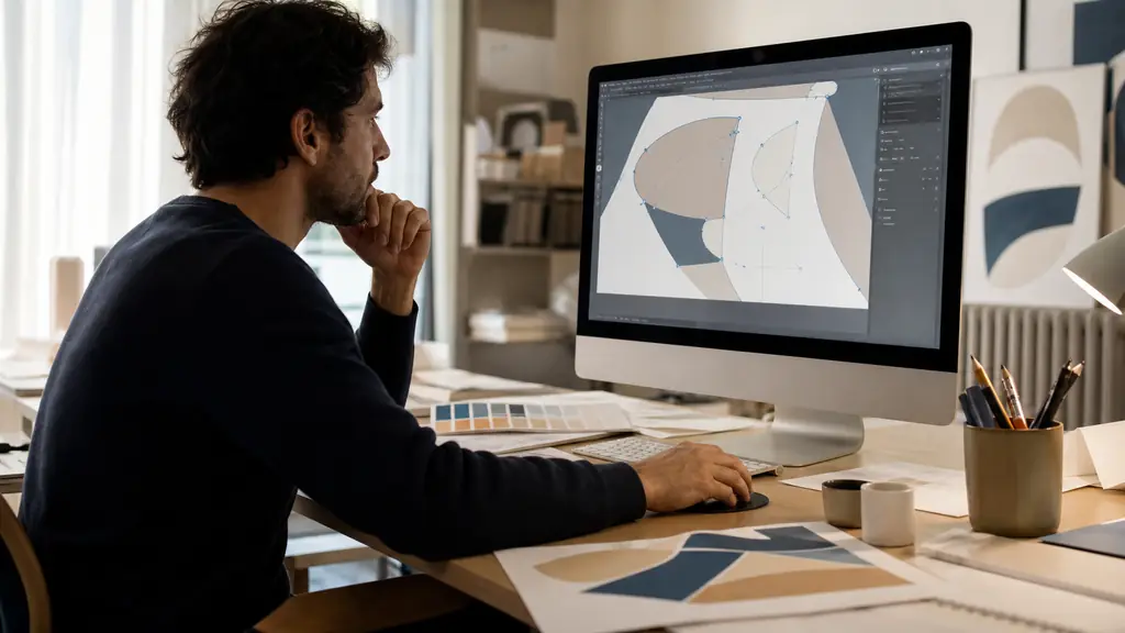 Graphic designer checking scalable vector paths on a desktop monitor beside printed color swatches and a high-resolution proof sheet, clean studio workspace, no visible text or logos