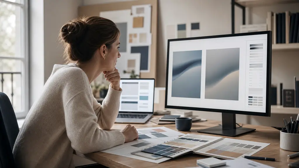 Communications manager comparing two approved brand asset variants on a monitor, checking file metadata and a printed color guide, with all screens and papers free of readable text and logos
