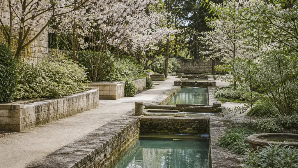 Restored historic garden with a narrow water channel linking old stone basins, shaded paths lined with variegated dogwoods and flowering cherry trees