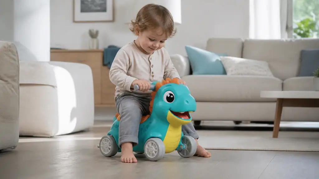 toddler testing a colorful dinosaur ride-on toy with a 21 cm low seat and four silicone wheels on a smooth living room floor, feet touching the ground, editorial photography, no text, no logo