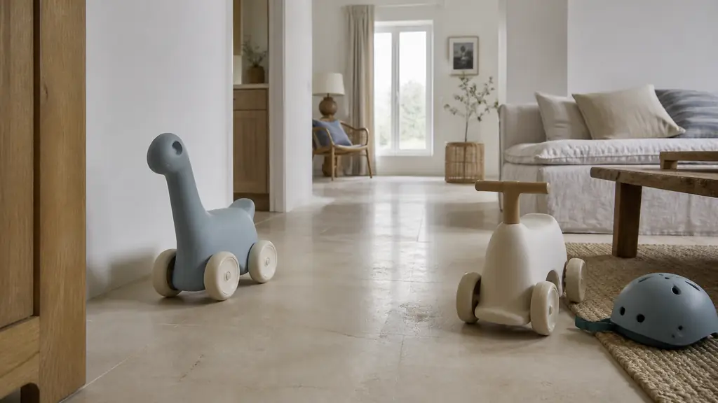 compact low-seat dinosaur ride-on with silicone wheels beside a cleared indoor play path, with a lightweight plastic ride-on and child helmet nearby, editorial photography, no text, no logo