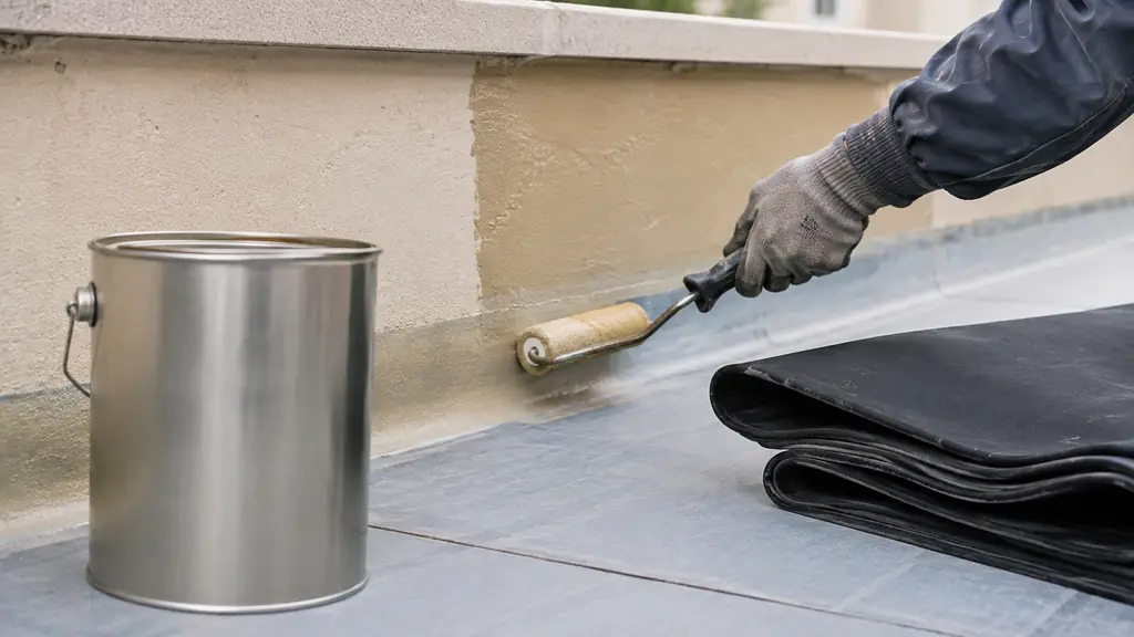 Close-up editorial photograph of a roofer applying contact adhesive with a roller to a clean dry wall upstand, beside a folded black EPDM membrane and an unbranded 10-litre adhesive can, no text, no logo