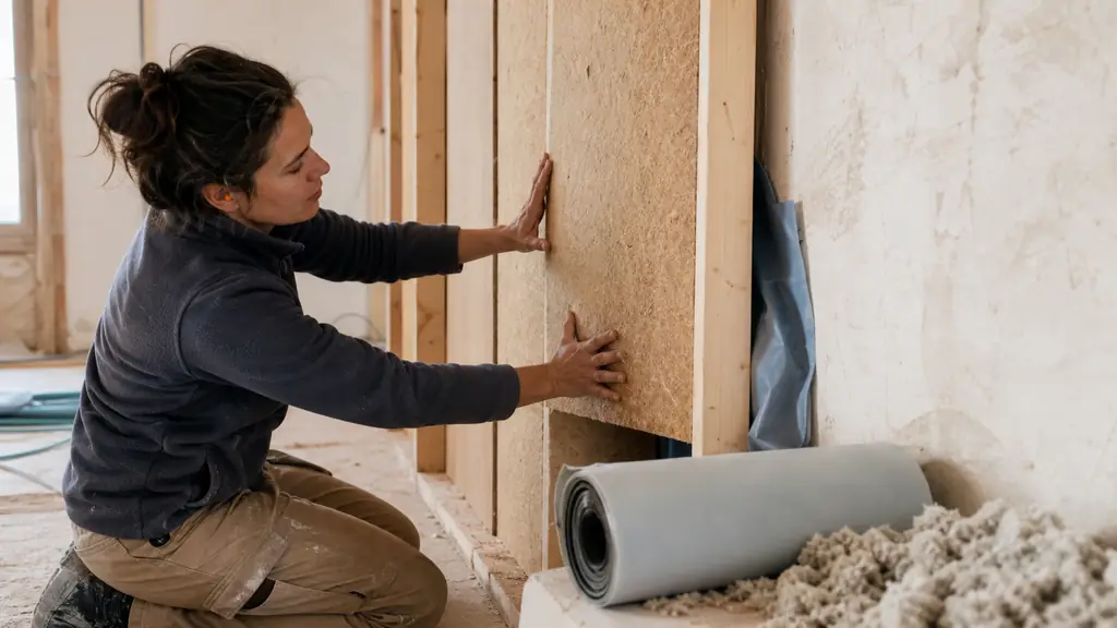 Editorial photograph of a craftsperson fitting wood-fiber insulation panels into an interior wall, with a roll of membrane and loose cellulose insulation visible nearby, no text, no logo