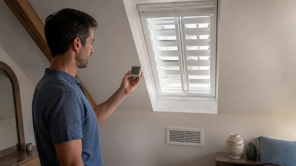 Editorial photograph of a homeowner checking an indoor thermometer in a renovated attic room, with closed exterior shutters and a visible ventilation grille, no text, no logo