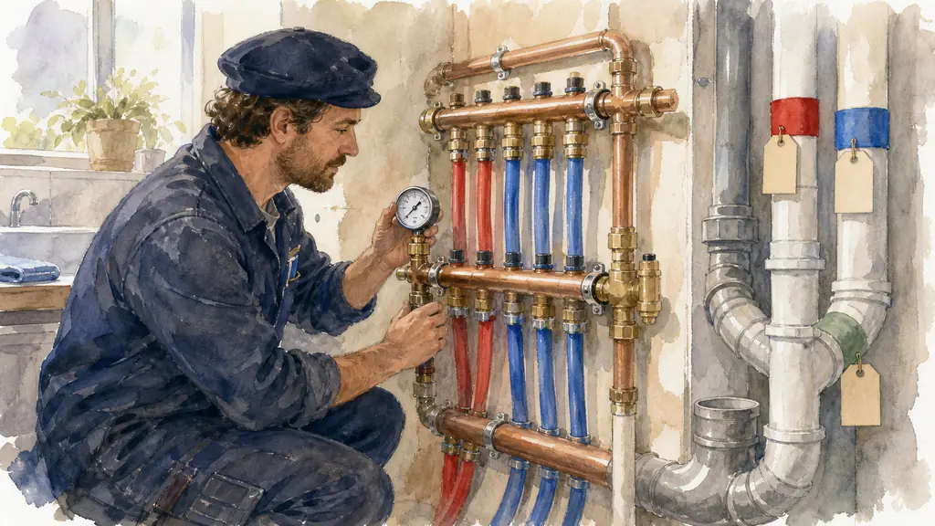 French plumber checking a pressure gauge beside a copper manifold, with red and blue PER pipes and labeled wastewater separation pipes visible, editorial photography, no text, no logo