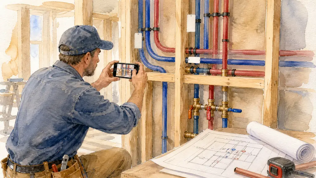 Plumber photographing labeled red and blue PER pipes before a wall is closed, with accessible shutoff valves and plumbing plans visible nearby, editorial photography, no text, no logo