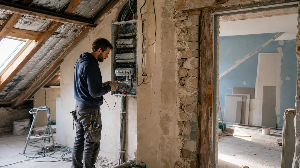 Editorial photograph of a house renovation in progress, showing exposed roof insulation in an attic, an electrician inspecting an open electrical panel, and a partially stripped load-bearing wall, natural daylight, no text, no logo
