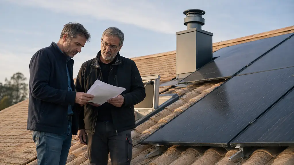 close-up editorial photograph of a house roof showing solar panels beside a metal chimney flue, with a homeowner reviewing an expert report at the roof access, no text or logo
