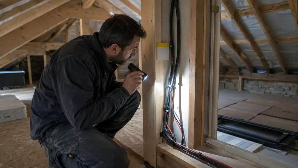 editorial photograph inside a house attic showing a labeled door frame near exposed roof timbers while an electrician inspects photovoltaic cables with a flashlight, no text or logo