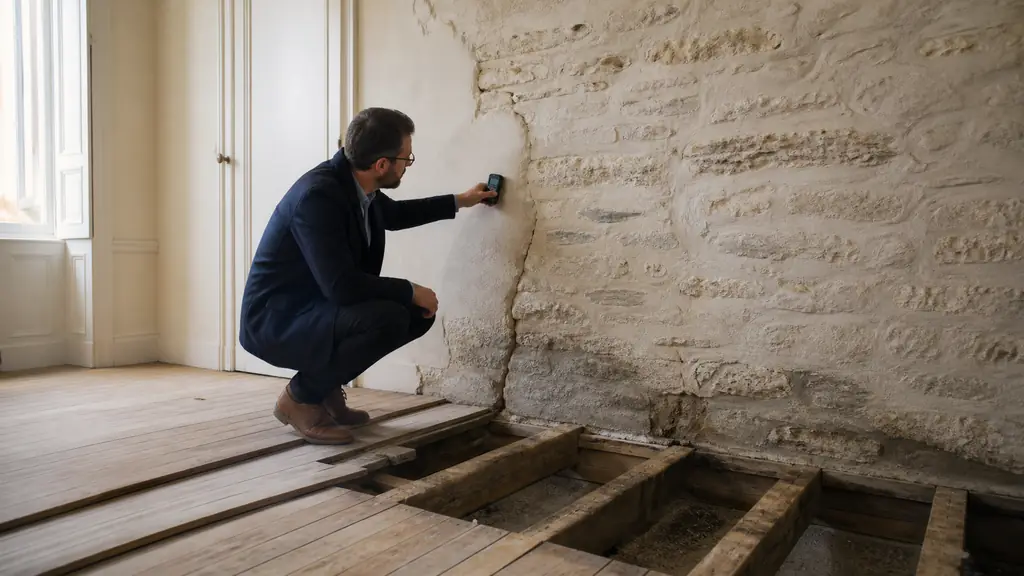 Architect inspecting a cracked stone load-bearing wall with a moisture meter beside exposed timber floorboards and a damp patch, editorial photography, no text, no logo