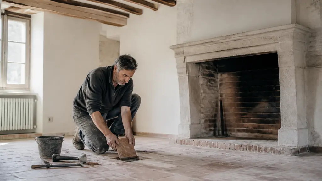 Craftsperson carefully lifting old terracotta floor tiles beside a restored stone fireplace and exposed timber beams, editorial photography, no text, no logo