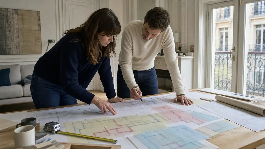 homeowner and interior designer comparing scaled apartment floor plans beside a tape measure, with load-bearing walls and plumbing routes marked by colored tracing paper, editorial photography, no text, no logo