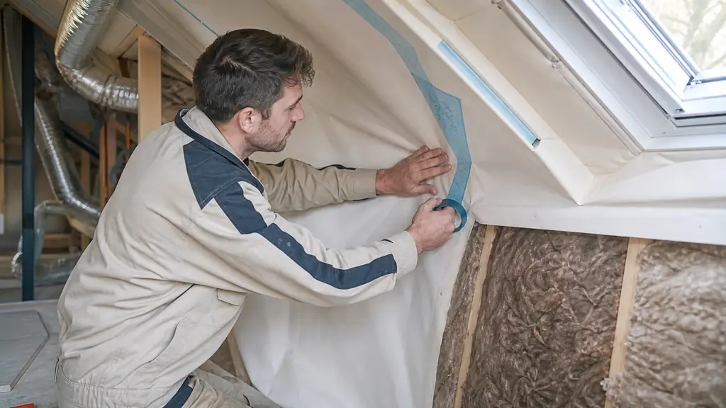 Contractor fitting an airtightness membrane beside attic insulation while ventilation ducts and a double-glazed roof window remain visible, natural editorial photography, no text, no logo