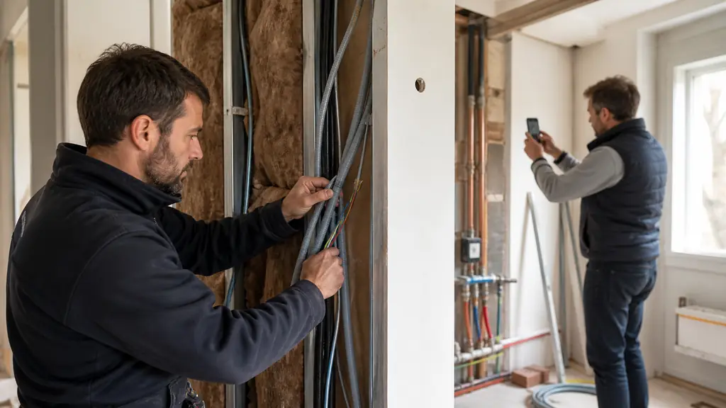 Electrician routing cables through an open partition beside exposed insulation, homeowner photographing plumbing pipes before the wall is closed, editorial photography, no text, no logo