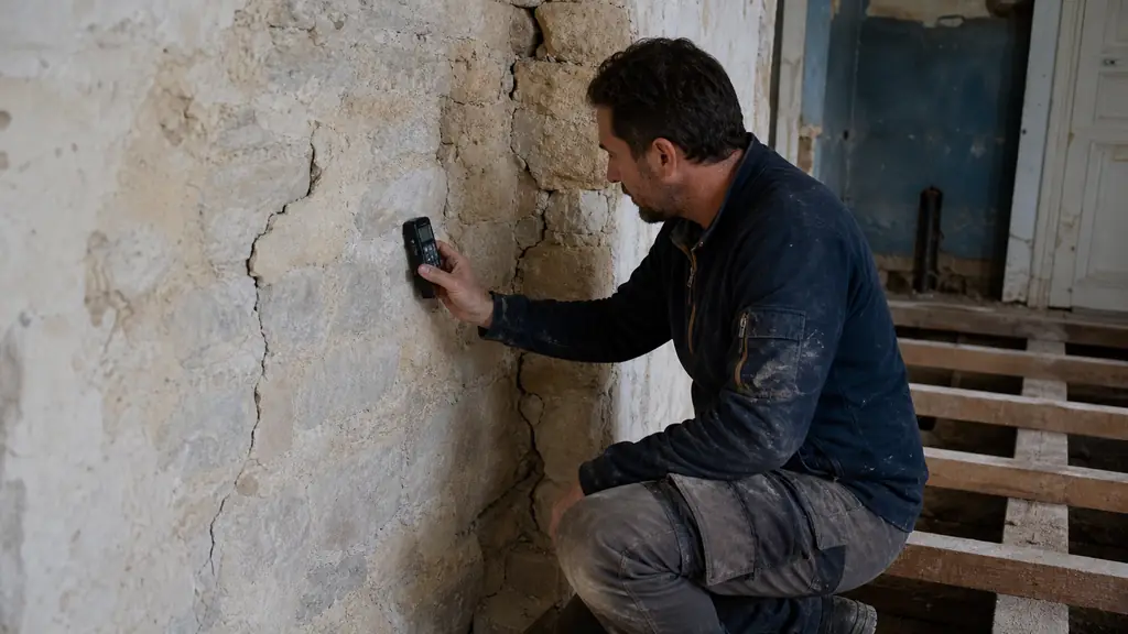 Building surveyor using a moisture meter beside a cracked stone load-bearing wall, with exposed timber floor joists visible in an old French house