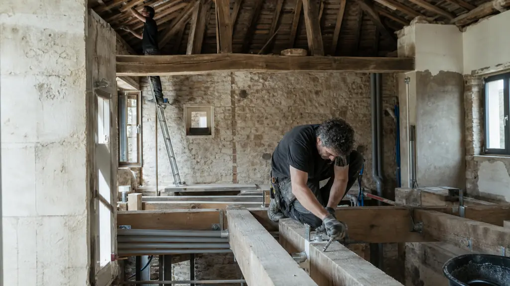 Renovation workers securing exposed timber floor joists while another inspects roof framing, with unfinished plumbing pipes visible inside an old French house