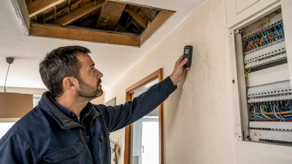 Building inspector using a moisture meter on an interior wall beside an open electrical panel, with exposed attic roof framing visible above, realistic French 1970s house, editorial photography, no text, no logo
