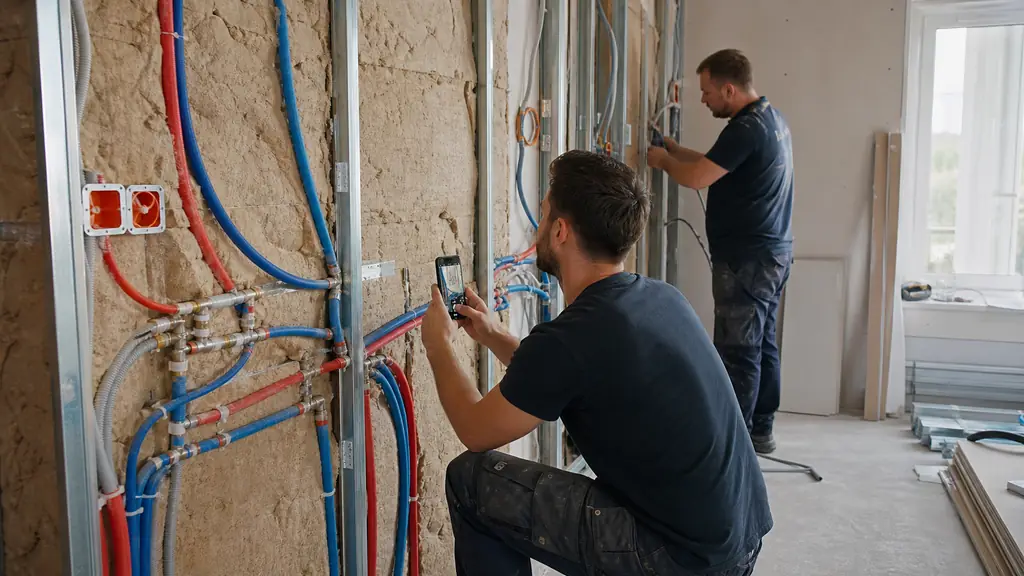 Electrician and plumber routing cables and water pipes through open metal stud partitions, exposed wall insulation and photographic documentation of concealed networks, realistic French house renovation, editorial photography, no text, no logo