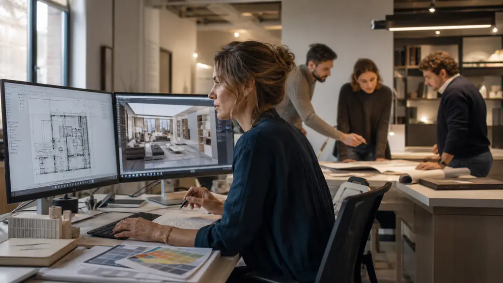 Interior design project manager reviewing an AutoCAD floor plan and a 3D model on dual monitors while coordinating a small agency team