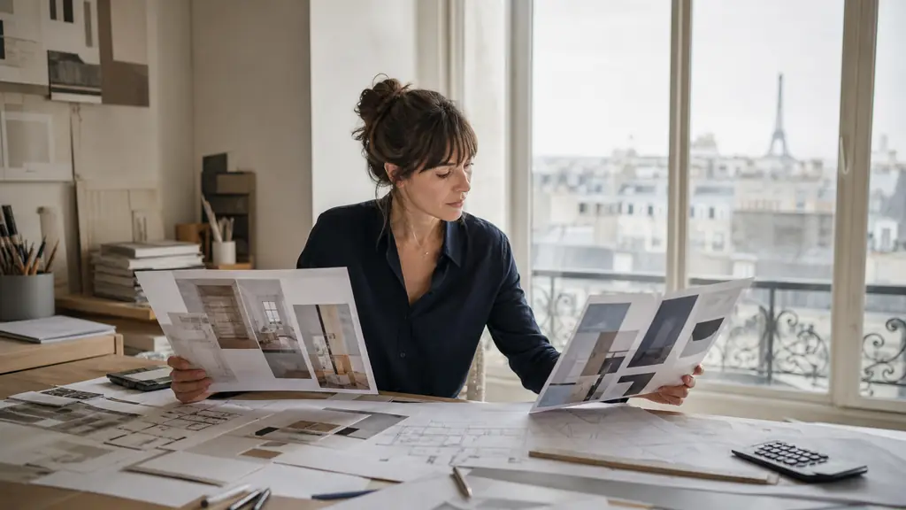 Interior designer in a Paris architecture studio comparing two job offers beside floor plans and a calculator, with the Paris skyline visible through the window, editorial photography, no text, no logo