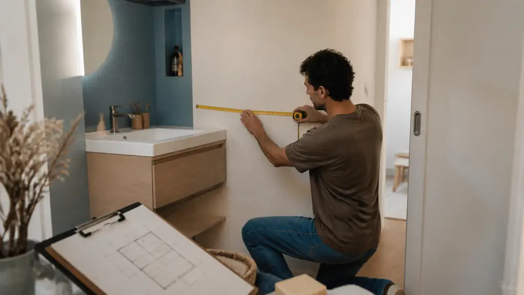 homeowner measuring a compact bathroom wall beside a suspended vanity, with a sliding door and a hand-drawn floor plan visible on a clipboard, editorial interior photography, no text, no logo