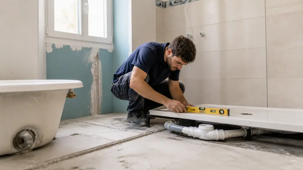 plumber checking the drainage slope beneath an extra-flat shower tray beside a removed classic bathtub, editorial interior photography, no text, no logo