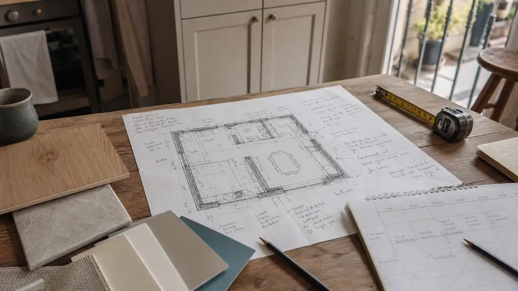 close-up editorial photograph of an annotated floor plan beside flooring and paint samples, with a measuring tape and renovation calendar on a kitchen table